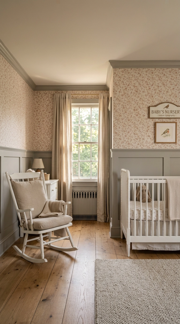 Nursery with grey wainscoting below and blush floral wallpaper above