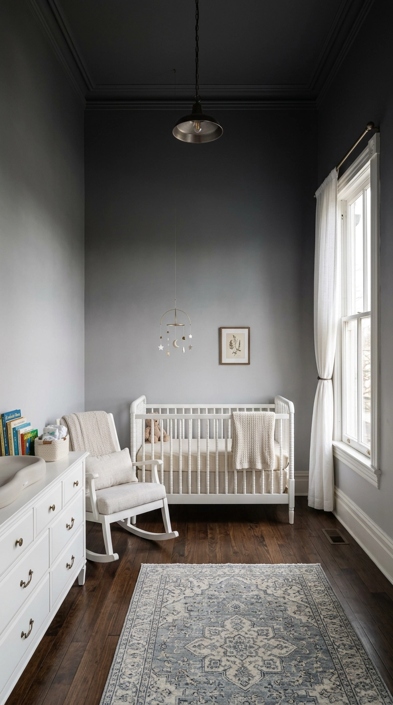 Nursery wall with an ombre paint gradient from charcoal to soft dove grey
