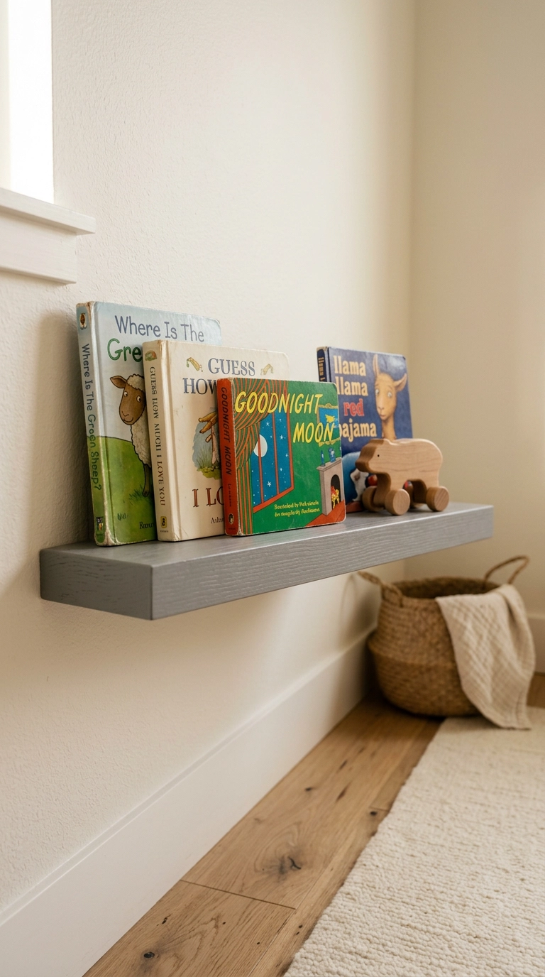 Grey floating shelf in a nursery styled with books and one wooden toy
