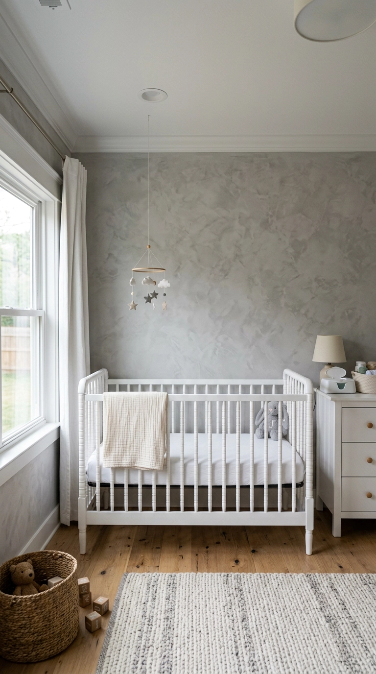 Nursery with soft grey limewash plaster texture on the walls