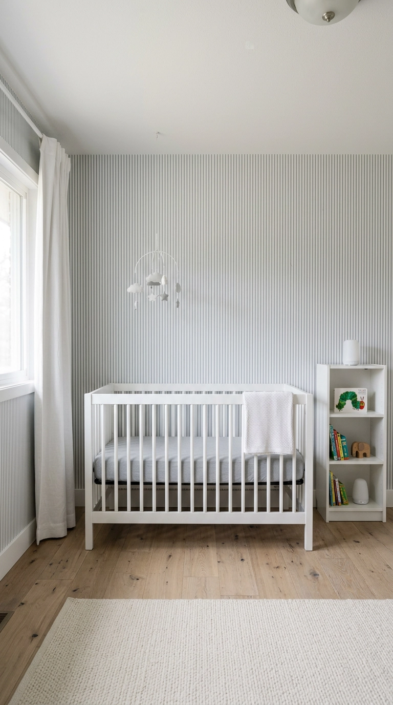 Nursery with thin cool grey and white vertical stripe wallpaper