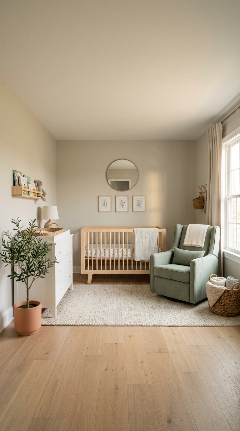 Nursery with soft grey walls and a sage green accent chair