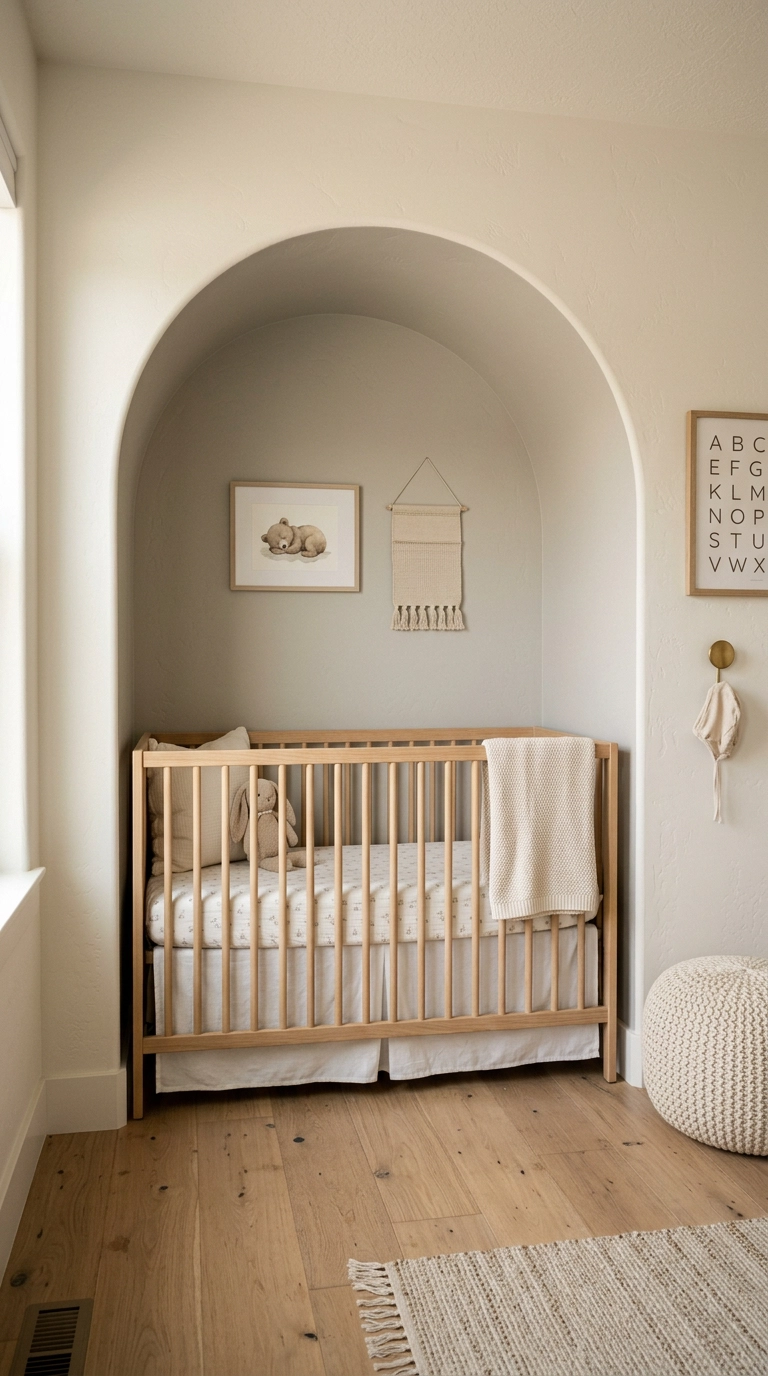 Nursery crib set into a soft grey painted arched wall nook