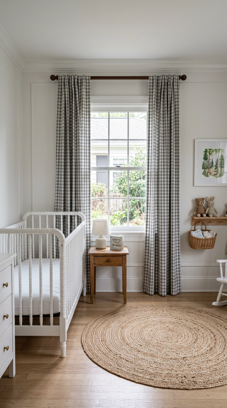 Nursery with grey and white gingham curtain panels hung high near the ceiling