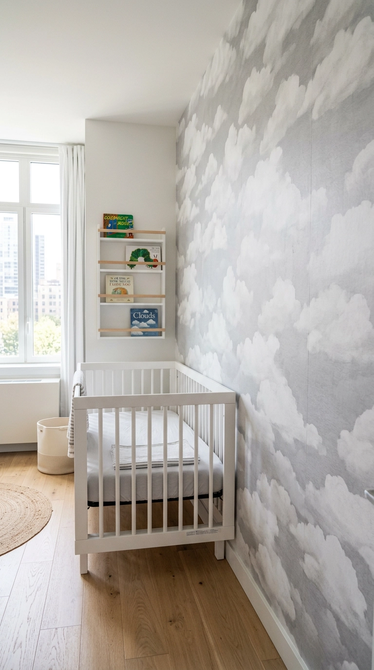 Apartment nursery with soft grey cloud print peel-and-stick wallpaper