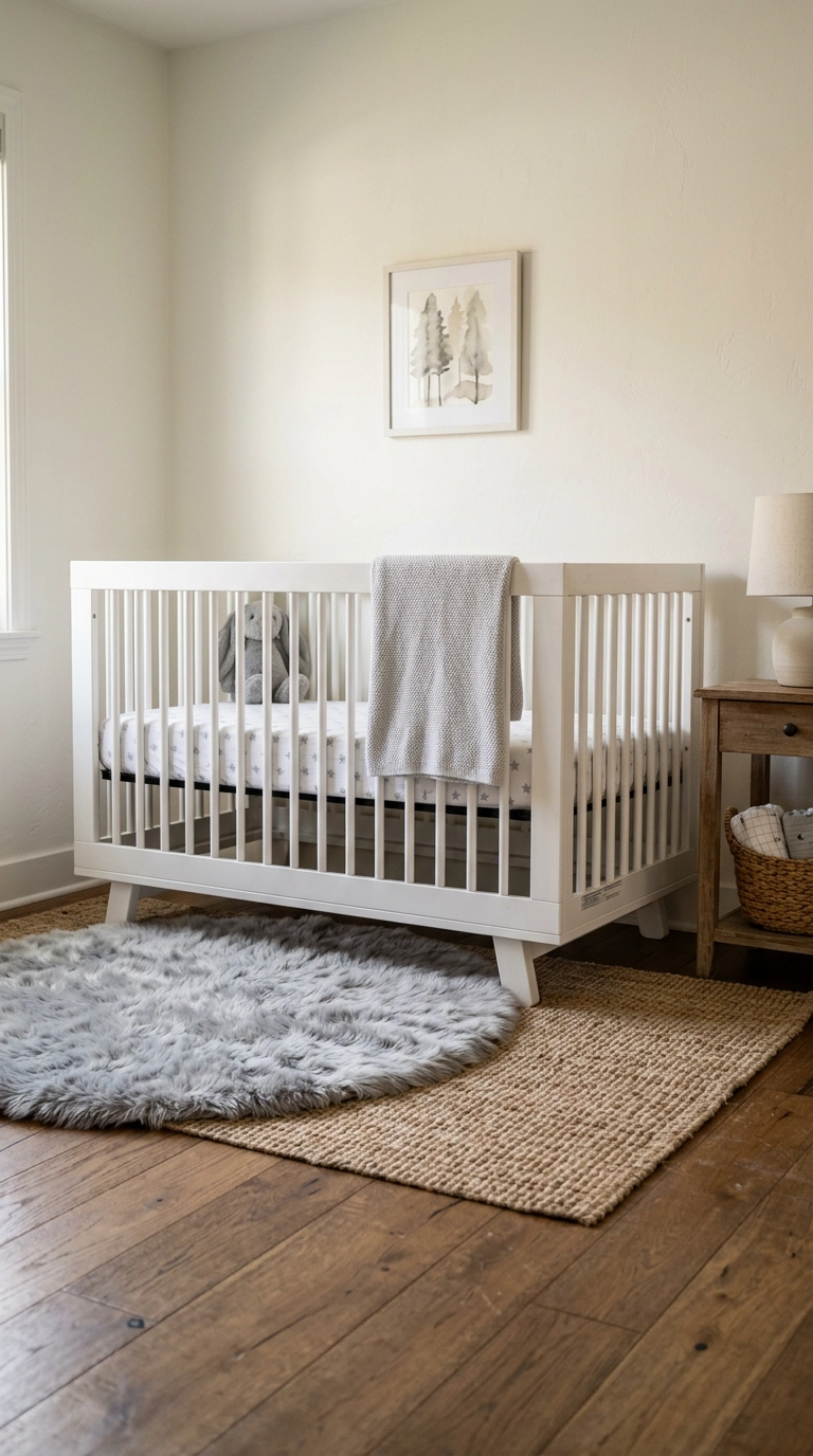 Grey faux fur rug layered over a jute flatweave rug in a nursery