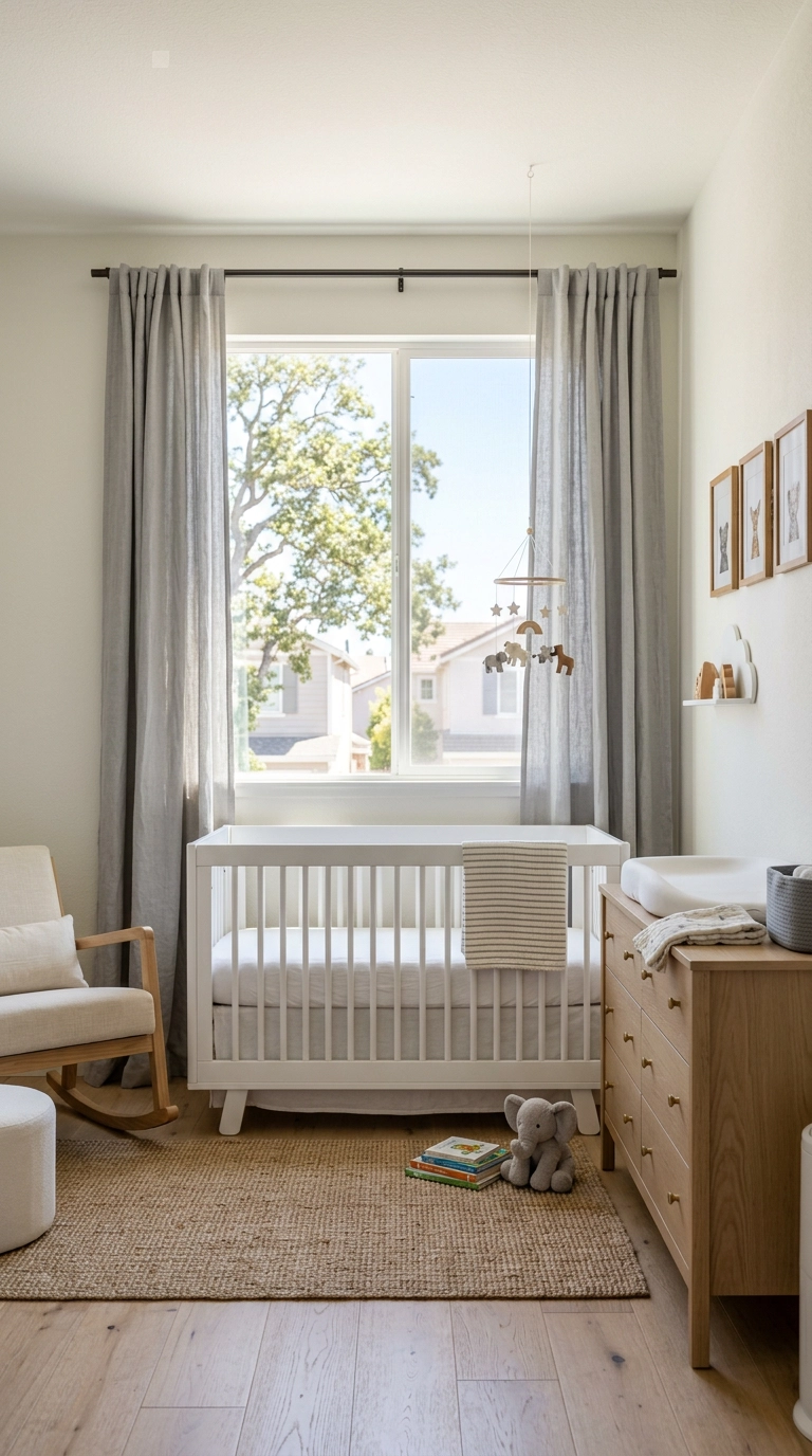 Bright nursery with soft grey linen curtain panels in natural light