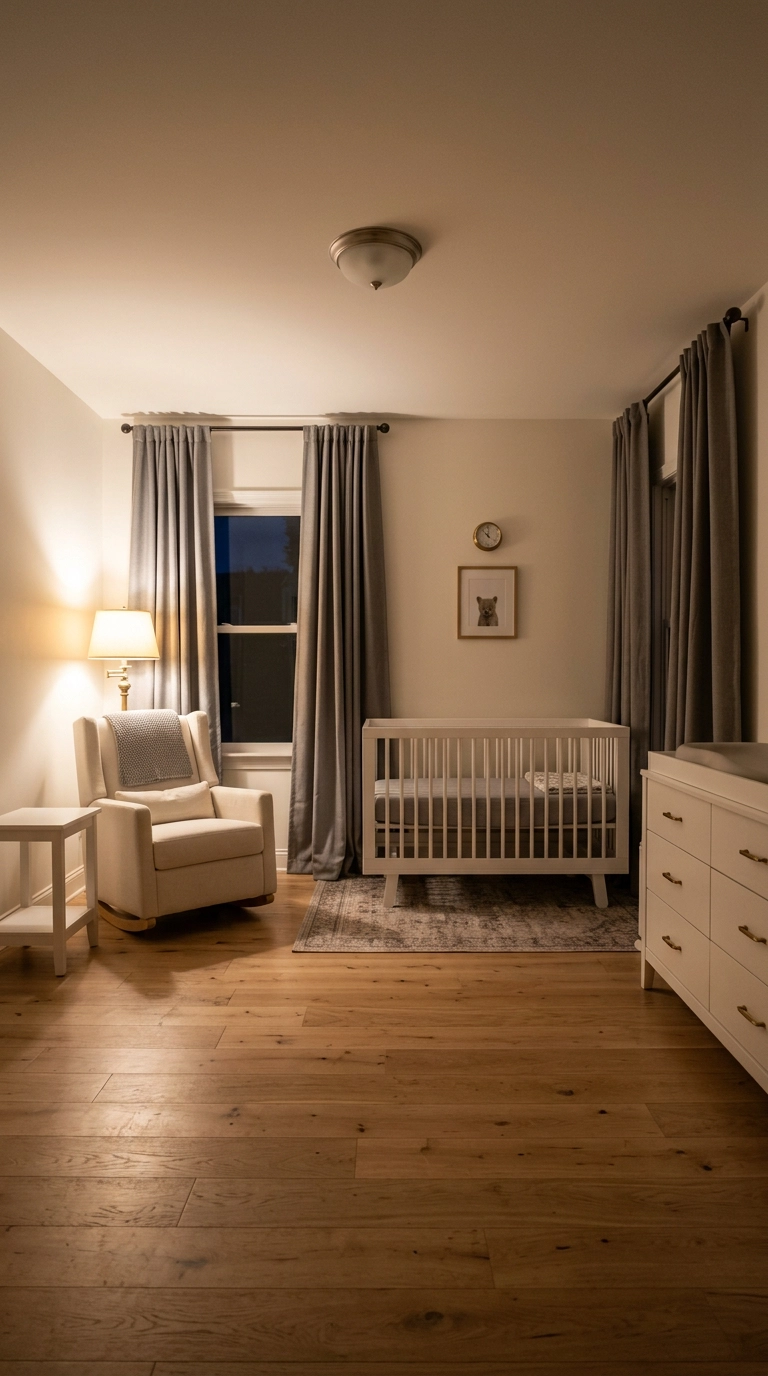 Nursery with grey blackout curtains hung high near the ceiling