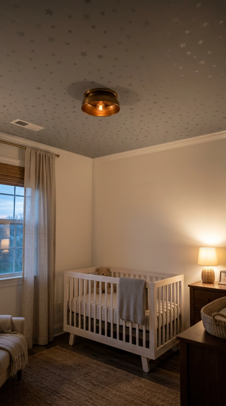 Nursery ceiling covered in a soft grey tonal star print wallpaper