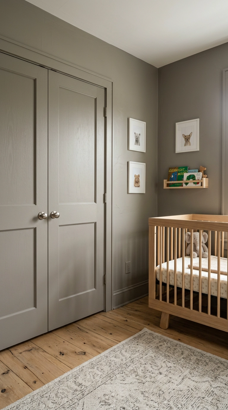 Nursery closet doors painted the same warm grey as the surrounding walls