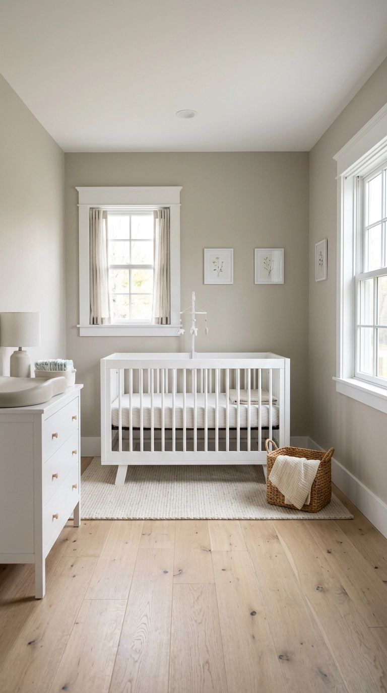 Nursery with warm greige walls and crisp white trim