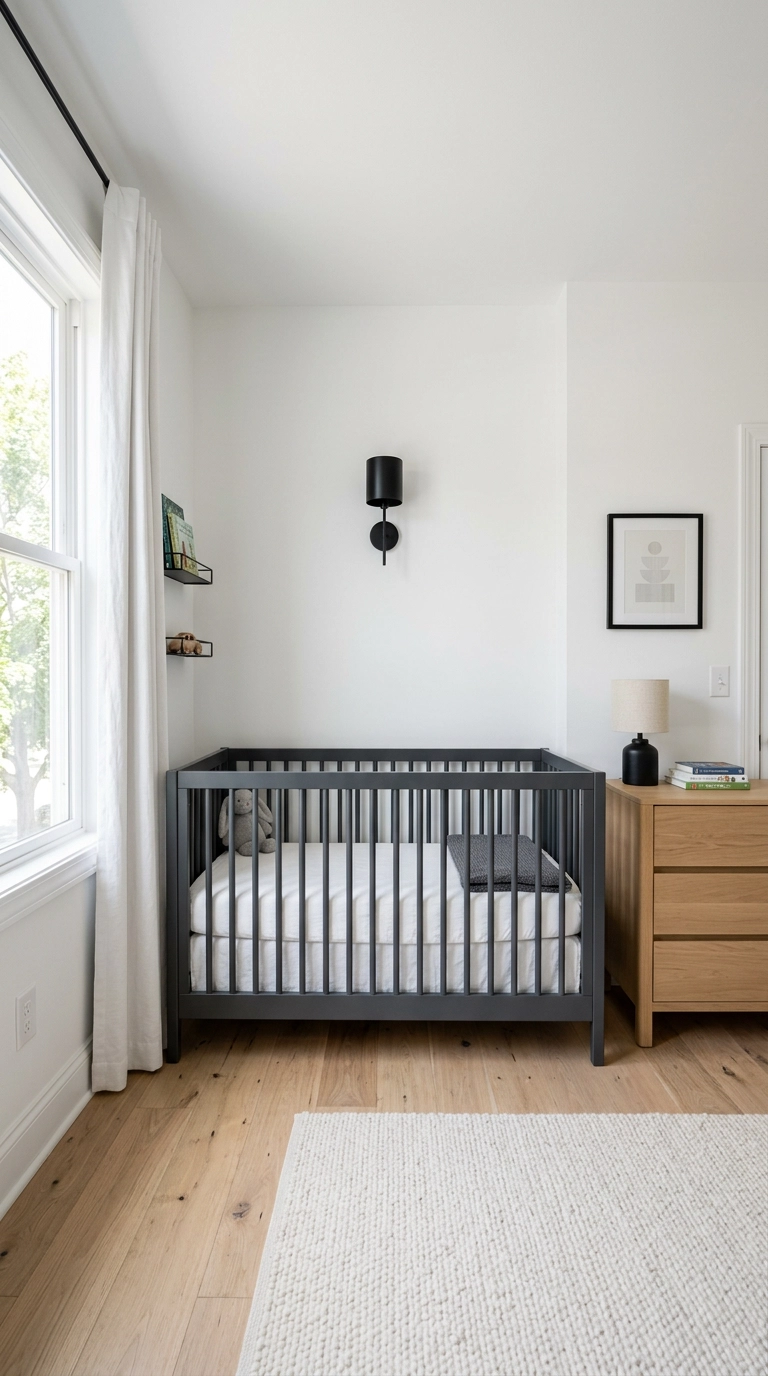 Nursery with white walls and a charcoal grey painted wood crib