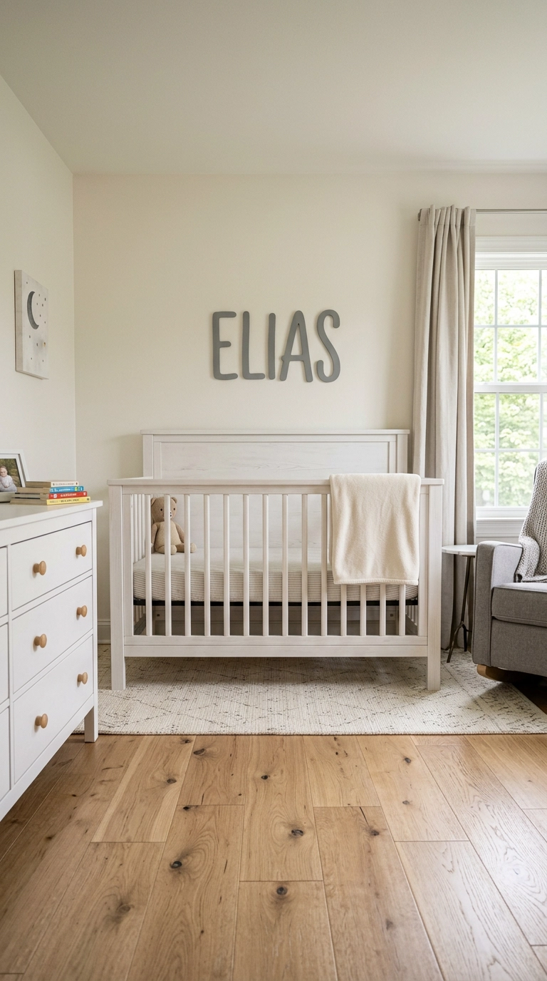 Grey wooden name sign mounted on the wall above a white crib