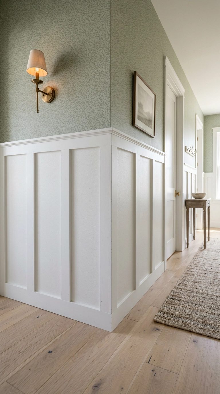 Farmhouse hallway with board and batten molding below and sage botanical wallpaper above