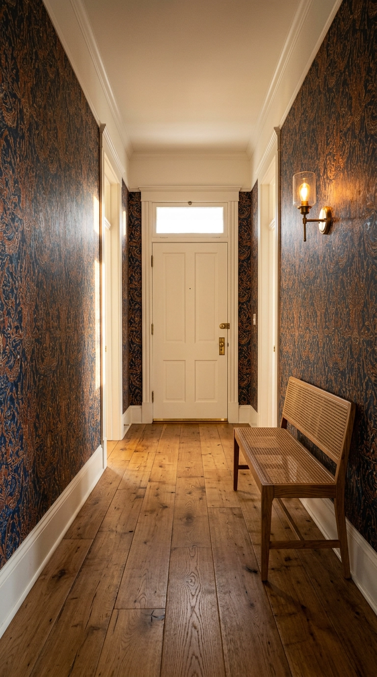 Bungalow hallway with an indigo and rust batik-inspired print wallpaper