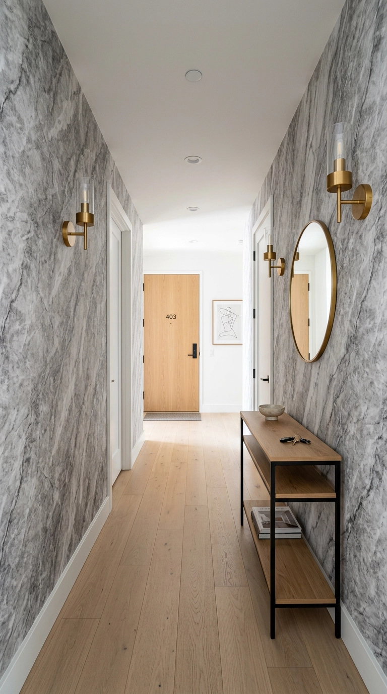 Condo entry hallway with grey and white marble-effect vinyl wallpaper