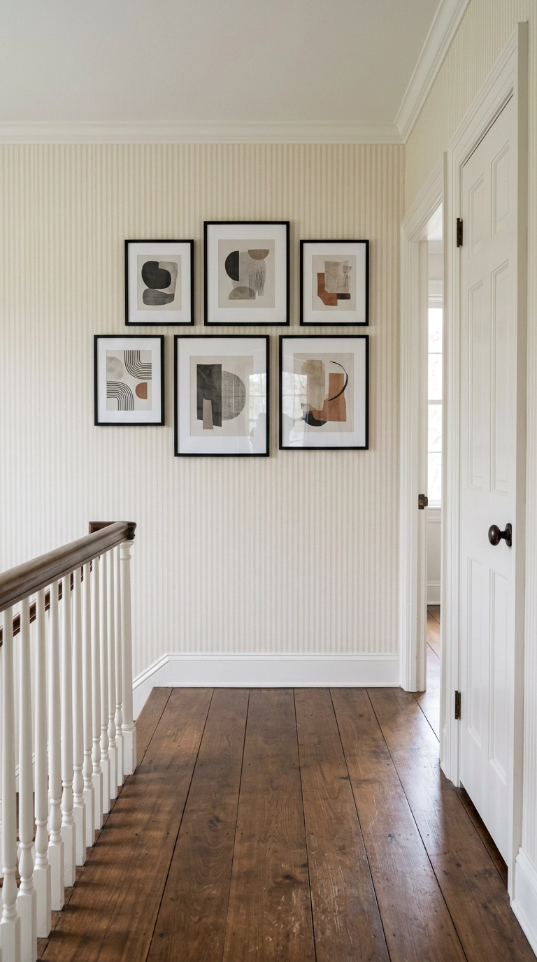Hallway with a gallery wall of black frames hung over subtle tonal stripe wallpaper