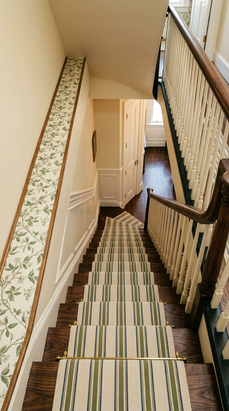 Staircase with a botanical wallpaper strip and a matching striped stair runner rug