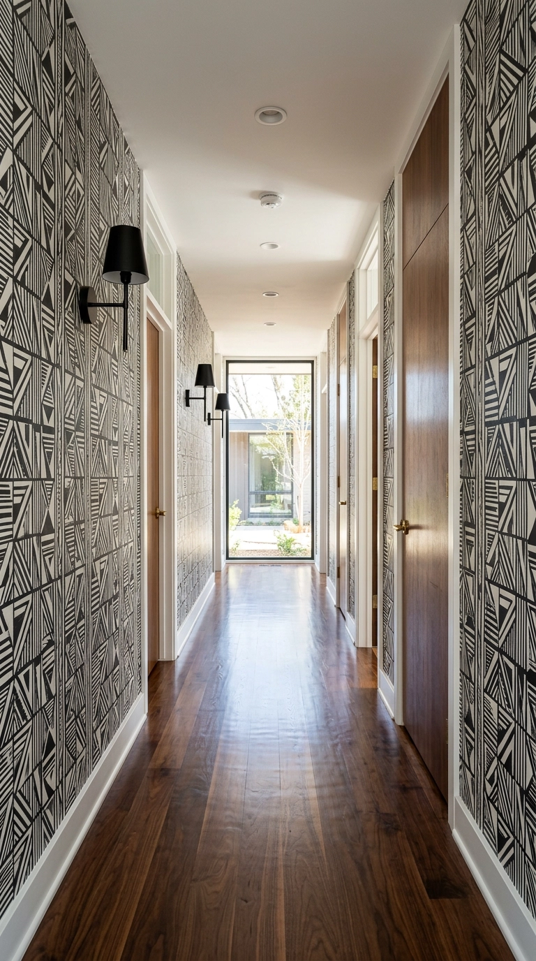 Long mid-century hallway with a bold black and white geometric wallpaper