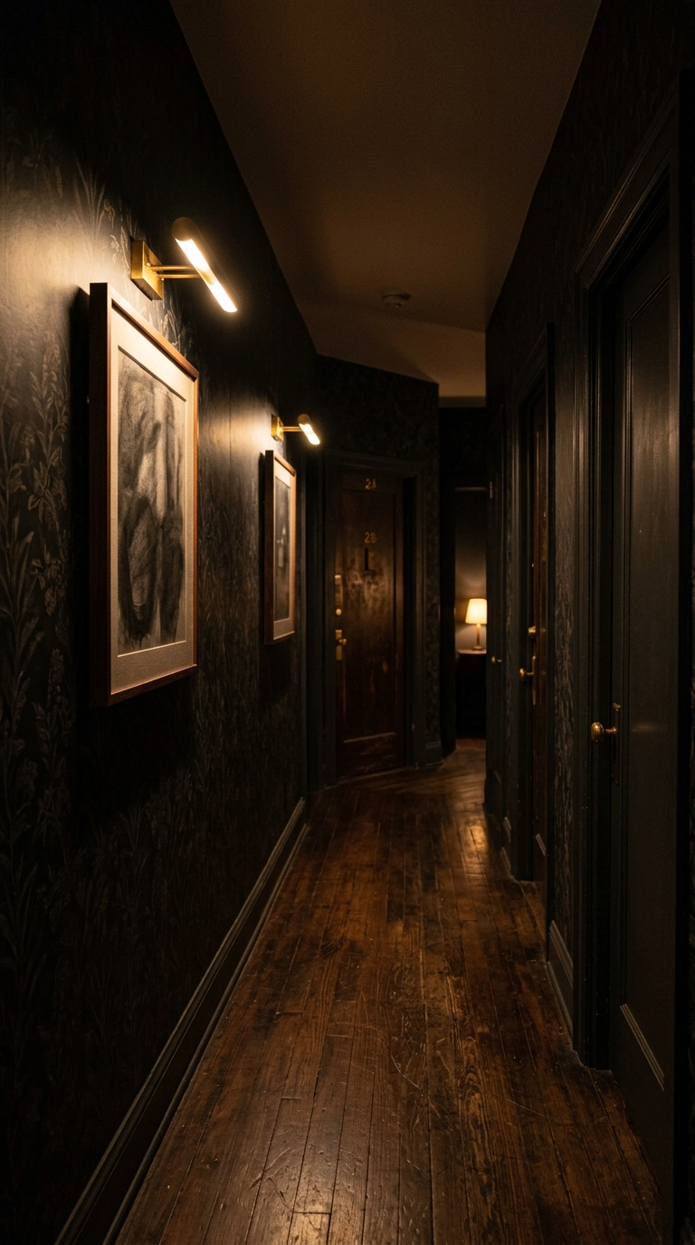 Windowless hallway with dark tonal botanical wallpaper lit by picture lights