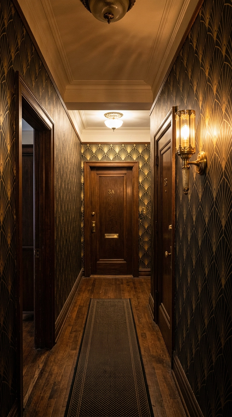 1920s apartment entry hallway with a black and gold art deco fan pattern wallpaper