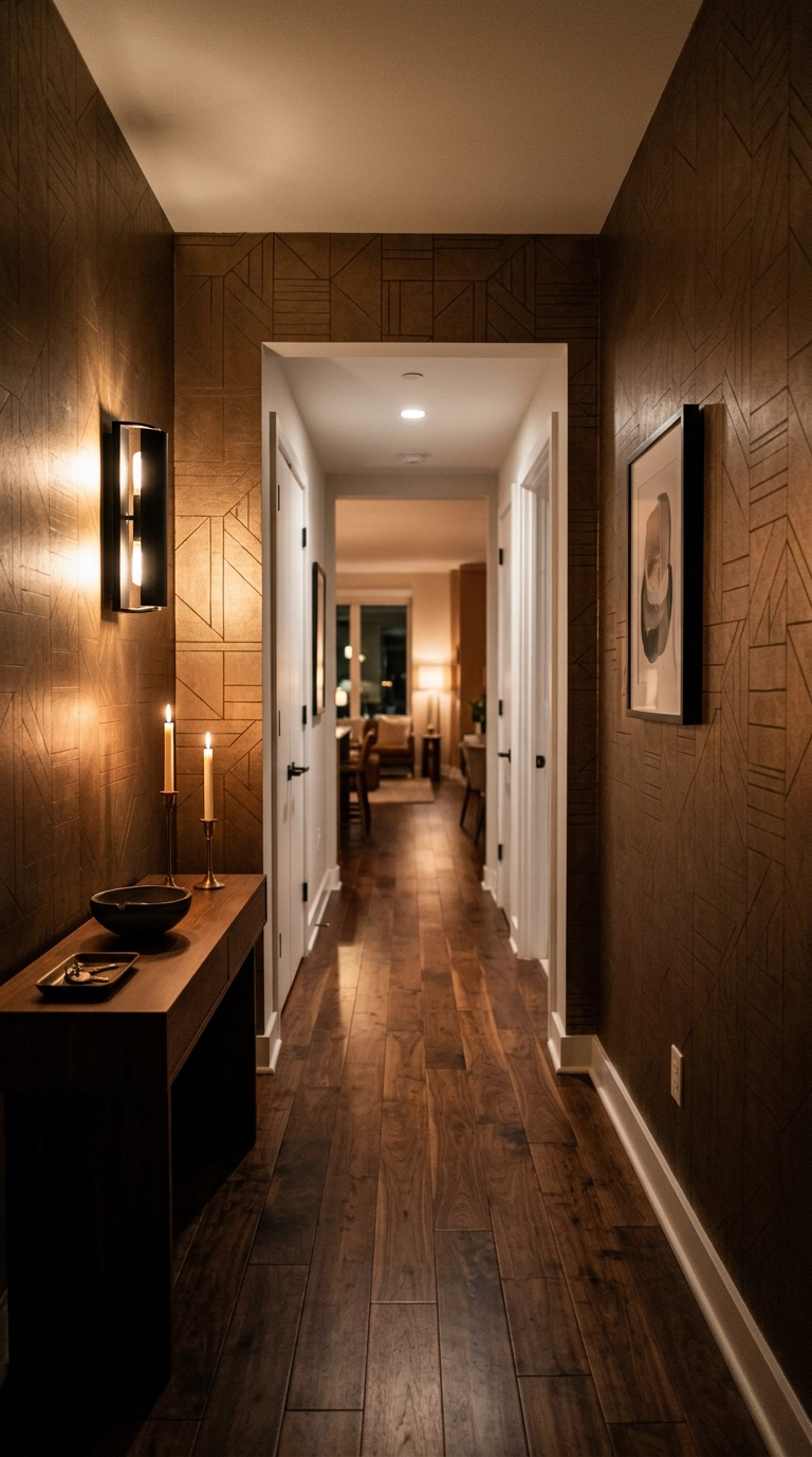 Condo entry hallway with bronze metallic geometric wallpaper