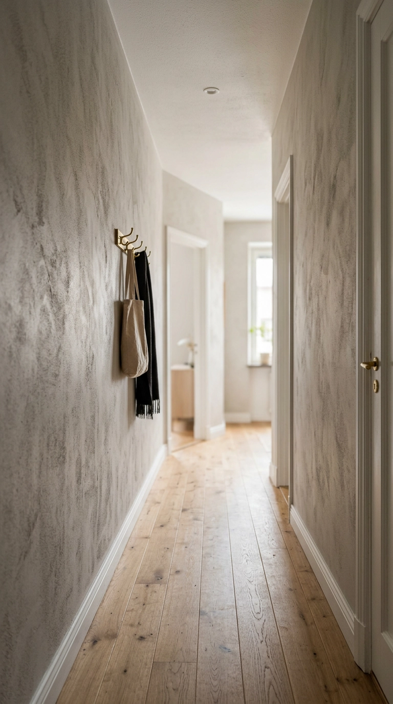 Apartment hallway with soft greige limewash-effect peel-and-stick wallpaper