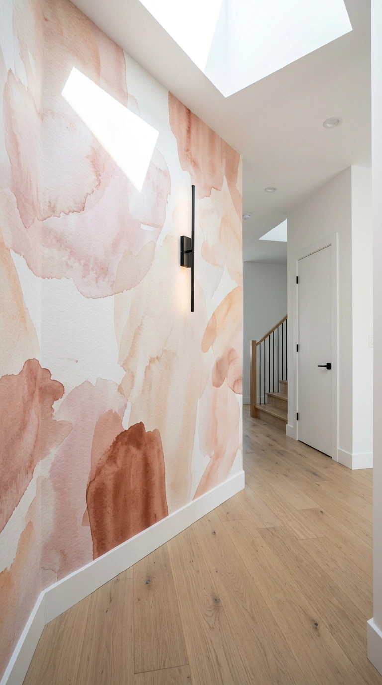 Modern hallway with an abstract watercolor wallpaper in blush and clay tones