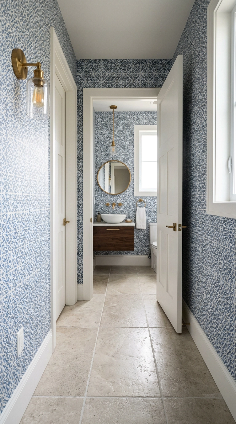 Short hallway with blue and white Moroccan tile print wallpaper