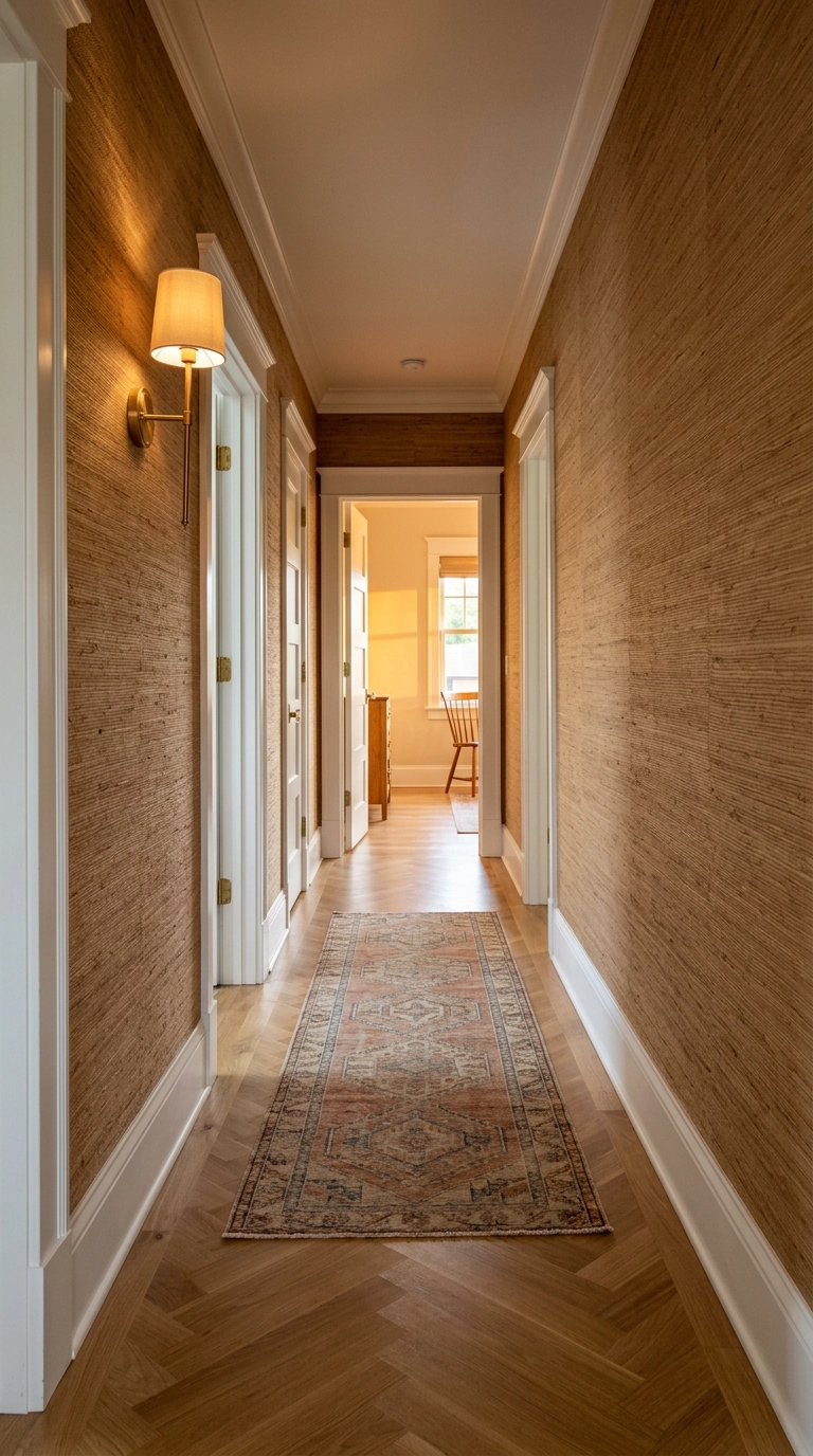 Narrow hallway with honey-toned grasscloth wallpaper and herringbone oak floors