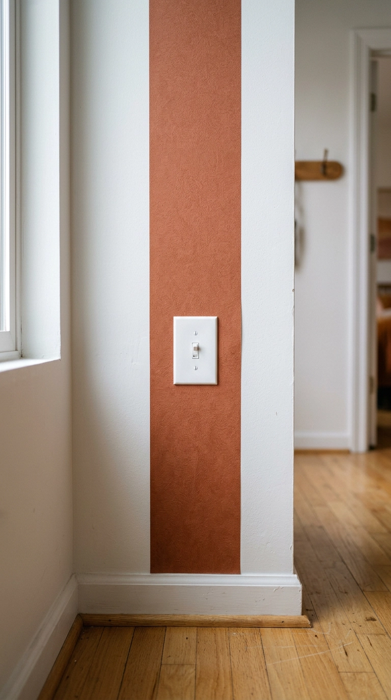 Small terracotta wallpaper accent strip applied behind a hallway light switch