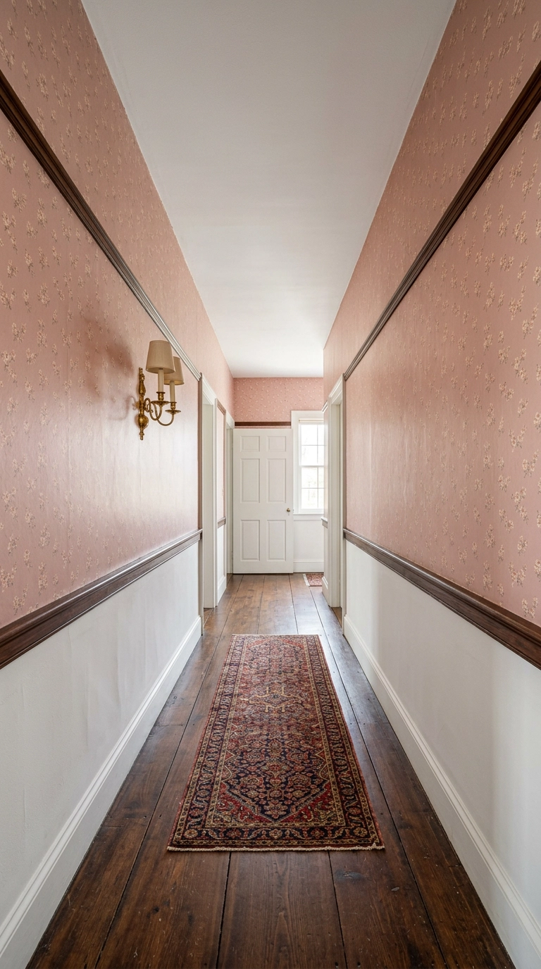 Hallway with dusty pink wallpaper applied only in the band above the picture rail