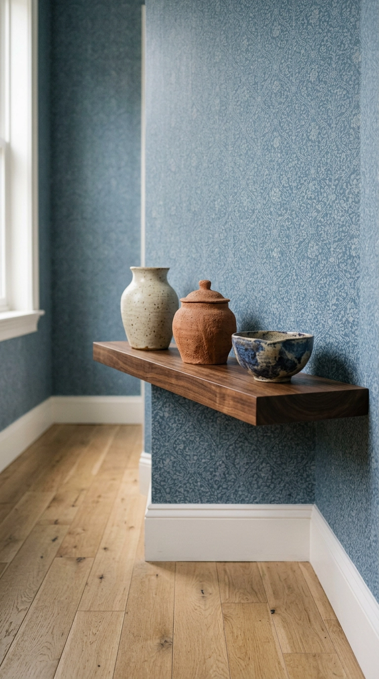 Hallway nook with a floating shelf styled against muted blue wallpaper