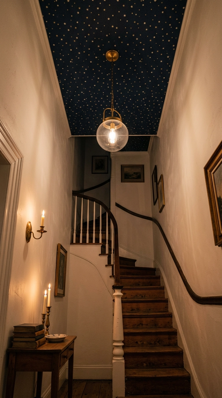 Tall stairwell with a dark navy star print wallpaper on the ceiling only