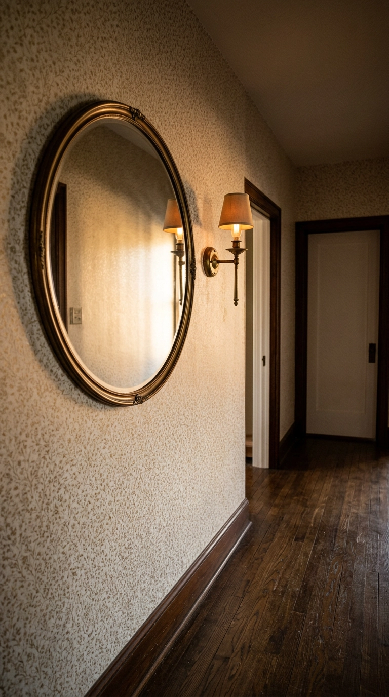Dim hallway with champagne wallpaper and a large round mirror bouncing light