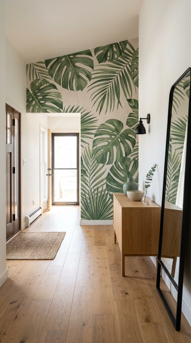 Entry hallway with a large botanical leaf mural wallpaper on the end wall