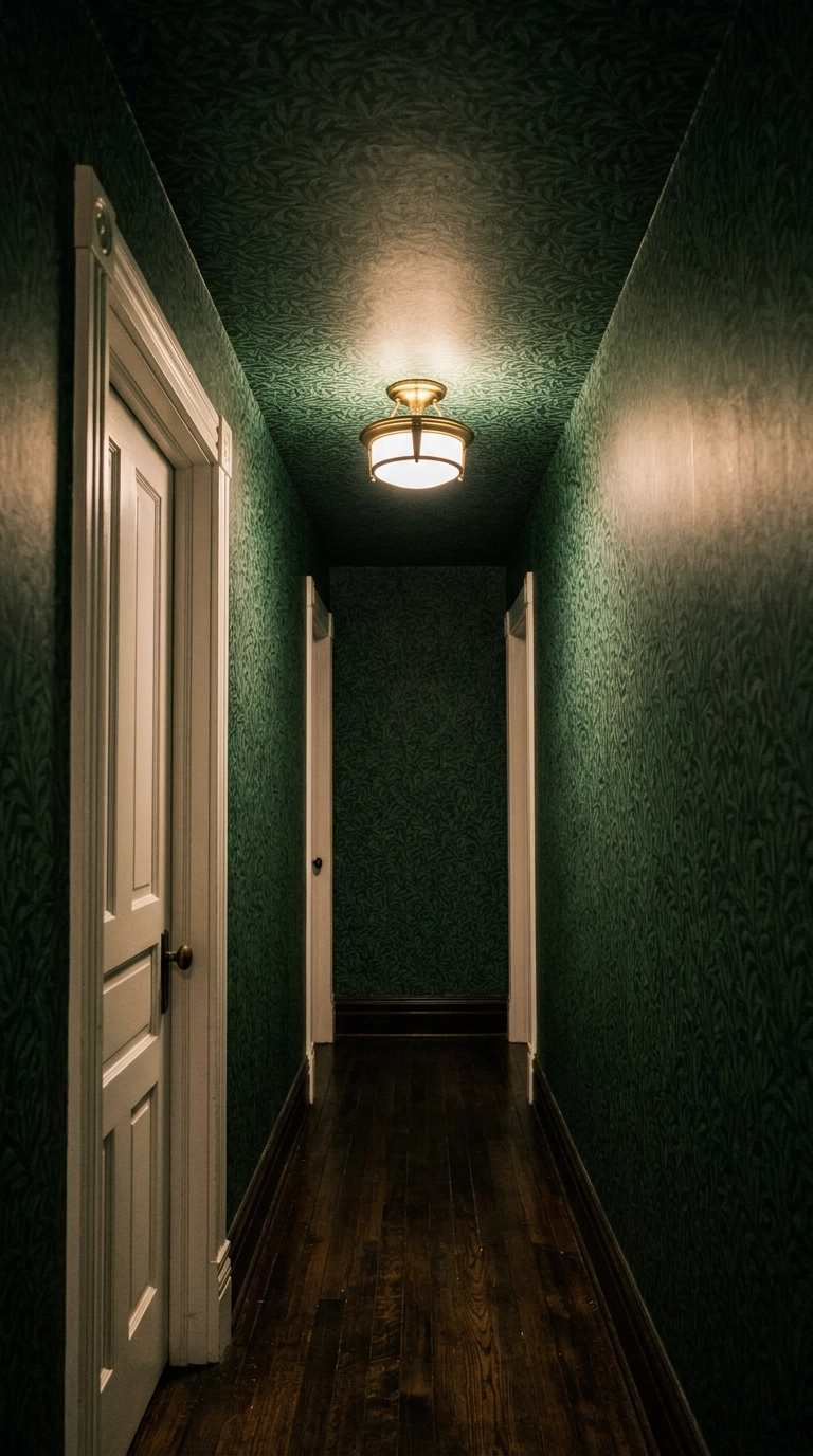 Dark green wallpaper covering both the walls and ceiling of a short hallway