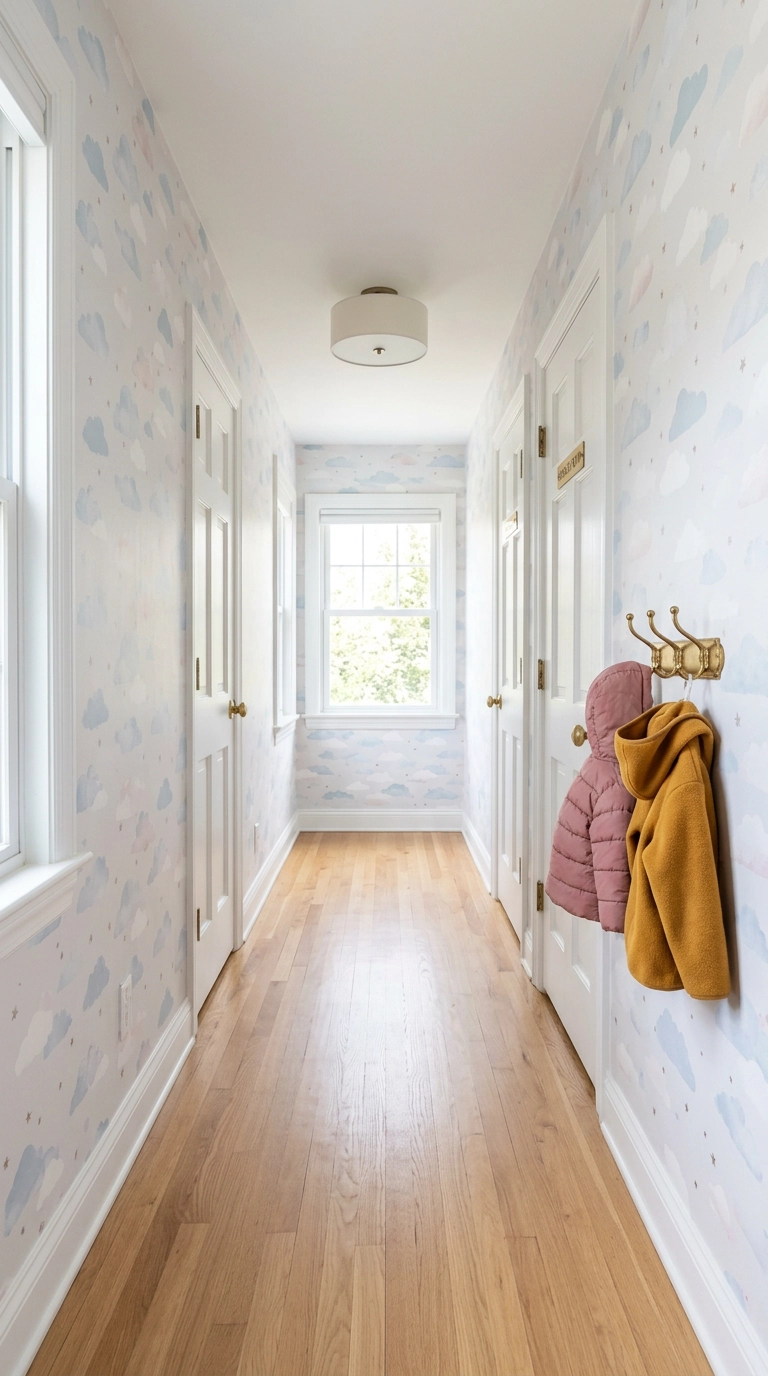Hallway outside kids' bedrooms with a soft pastel cloud print wallpaper