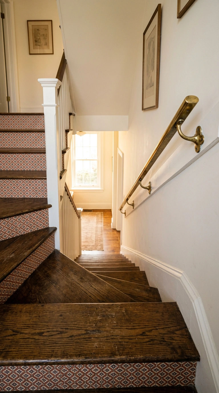 Staircase with terracotta geometric wallpaper on the risers only