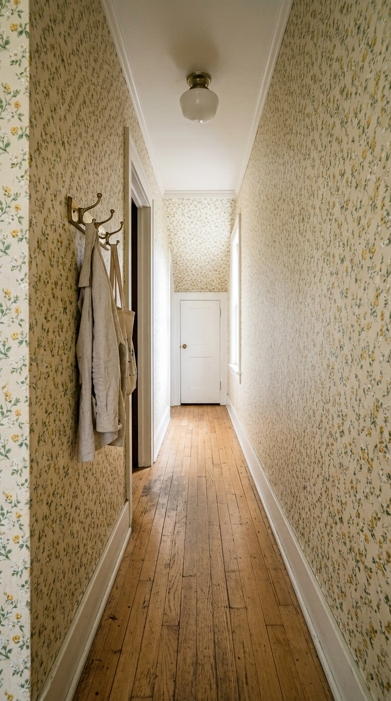 Narrow hallway with a tiny-scale ditsy floral wallpaper in soft yellow and white