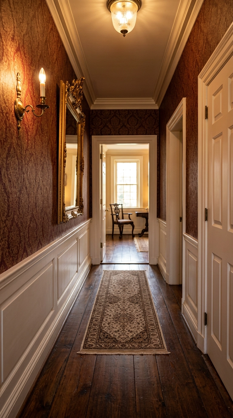 Traditional hallway with burgundy and gold vintage damask wallpaper