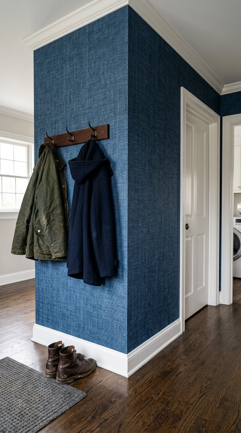 Mudroom hallway with indigo woven denim-texture wallpaper