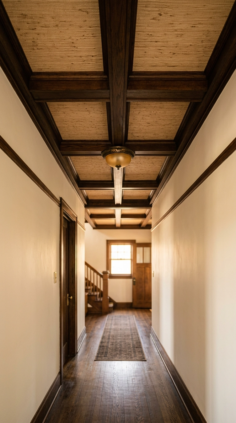Hallway ceiling covered in natural tan grasscloth wallpaper