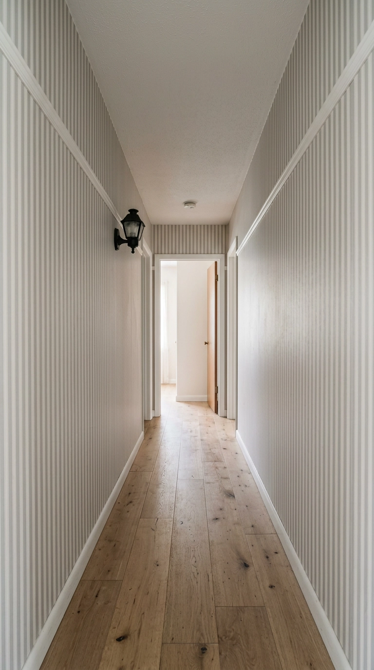 Narrow hallway with thin vertical stripe wallpaper in grey and white