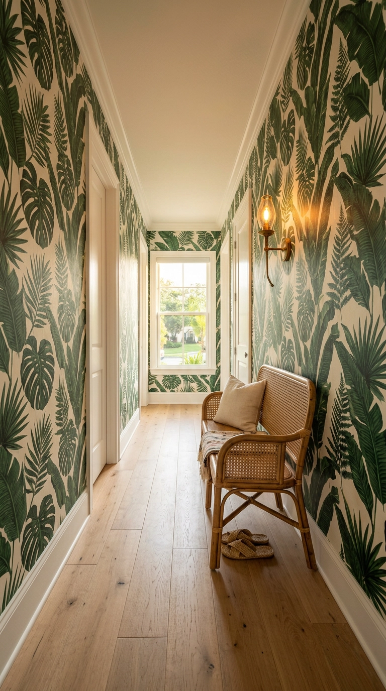 Hallway with a bold dark green tropical palm leaf wallpaper and a rattan bench