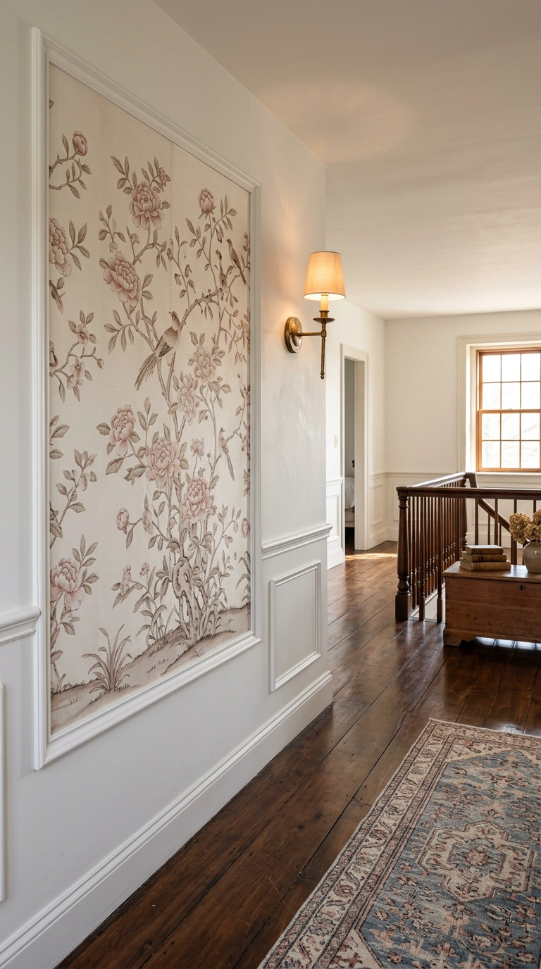 Chinoiserie floral wallpaper panel framed with molding on a white hallway wall