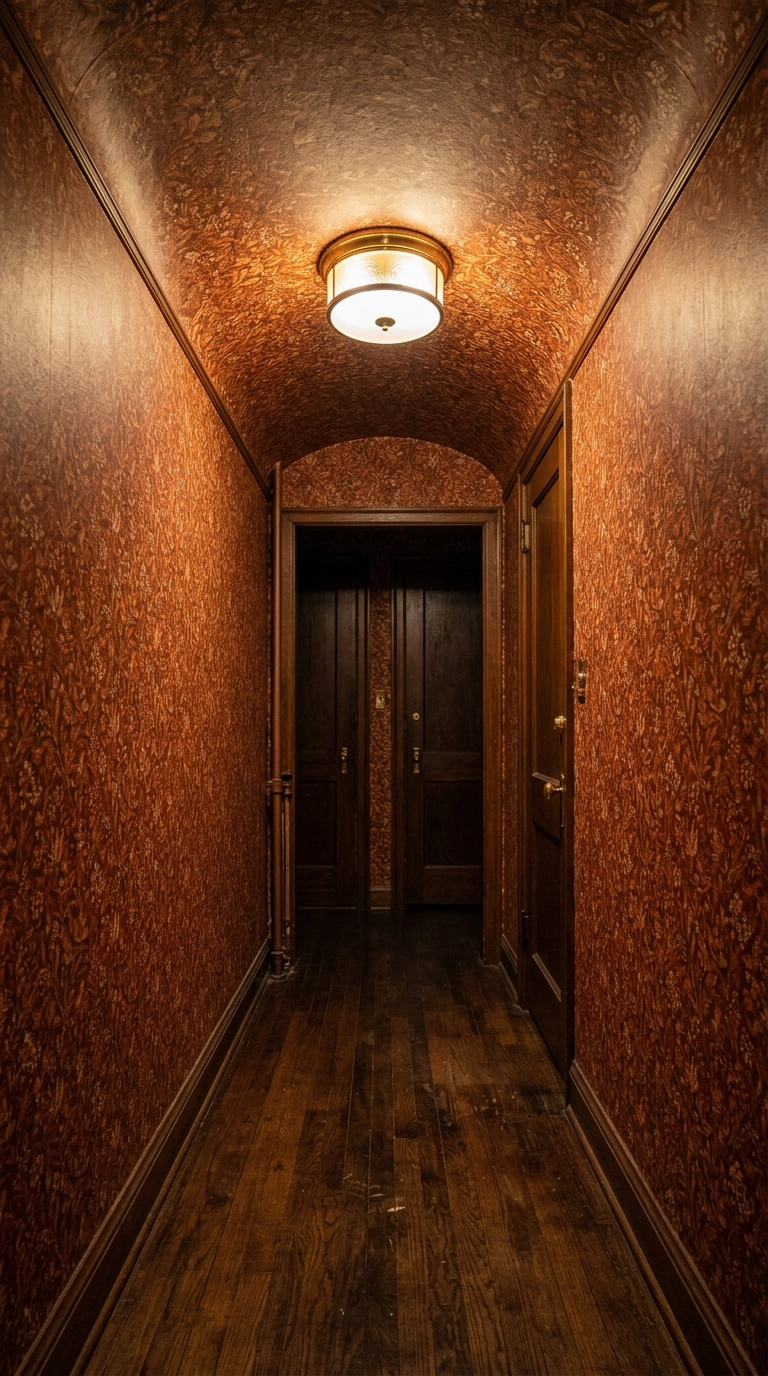 Small hallway fully wrapped in deep rust botanical wallpaper on walls and ceiling