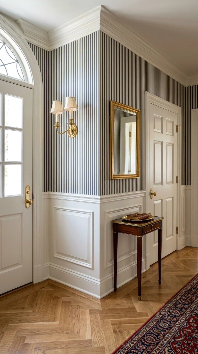 Entry hallway with white wainscoting below and navy striped wallpaper above