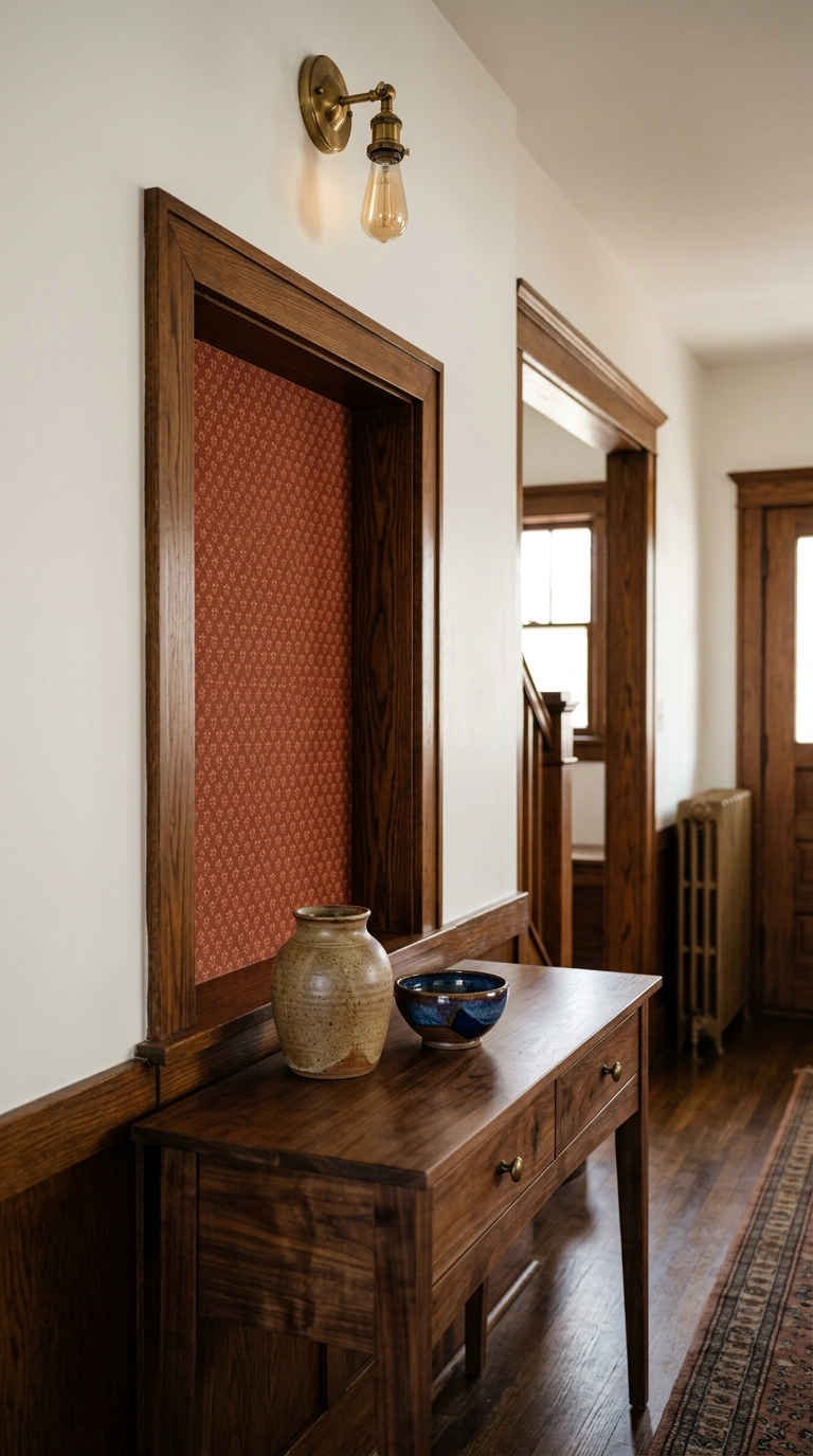 Hallway alcove papered in deep terracotta wallpaper behind a console table