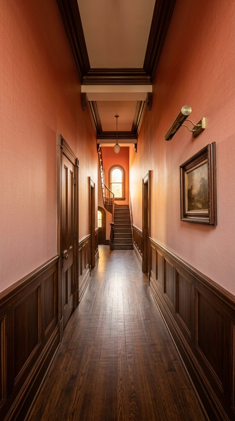 Tall hallway with an ombre wallpaper fading from terracotta to blush